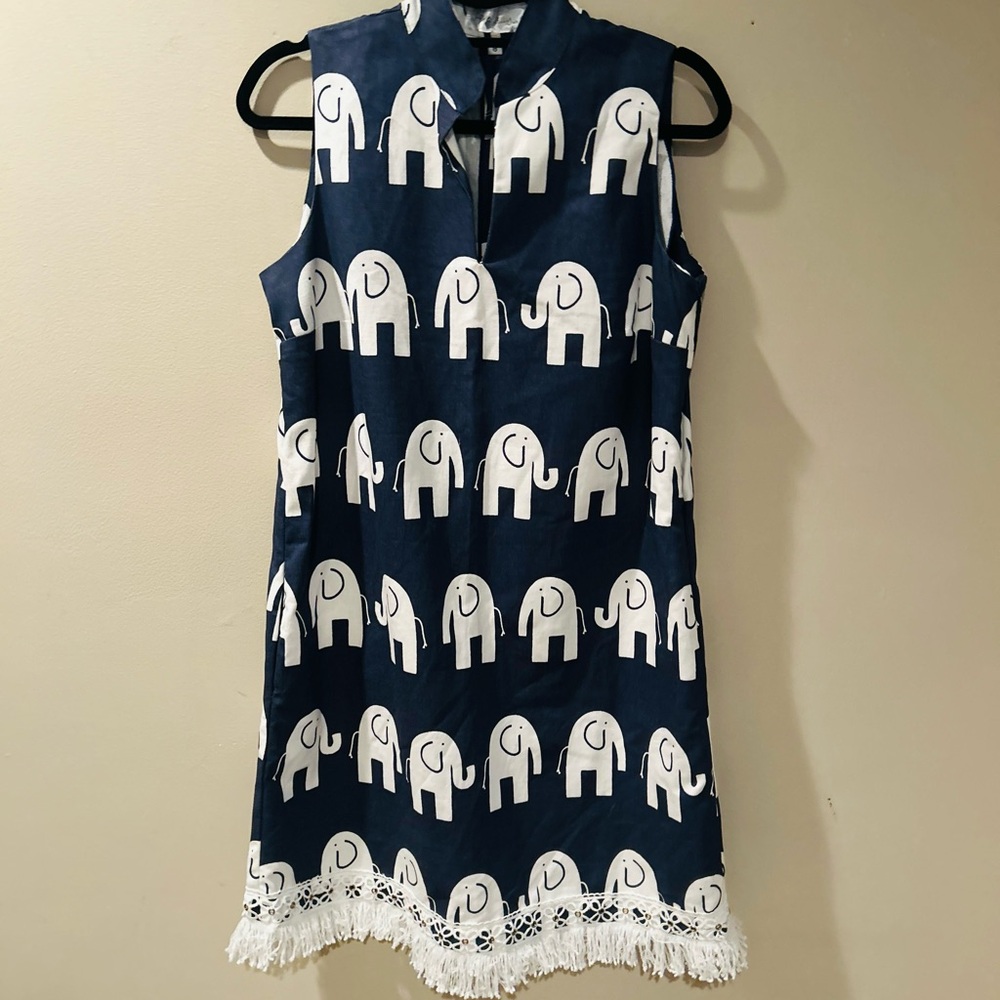 Navy Elephant Print Sleeveless Dress with Fringe
